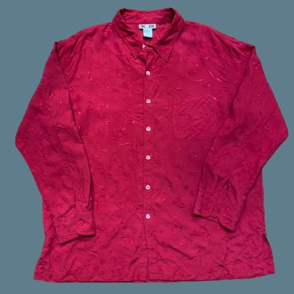 Acorn Vintage Embroidered Floral Red Button Front Shirt Silk Women's Size XL